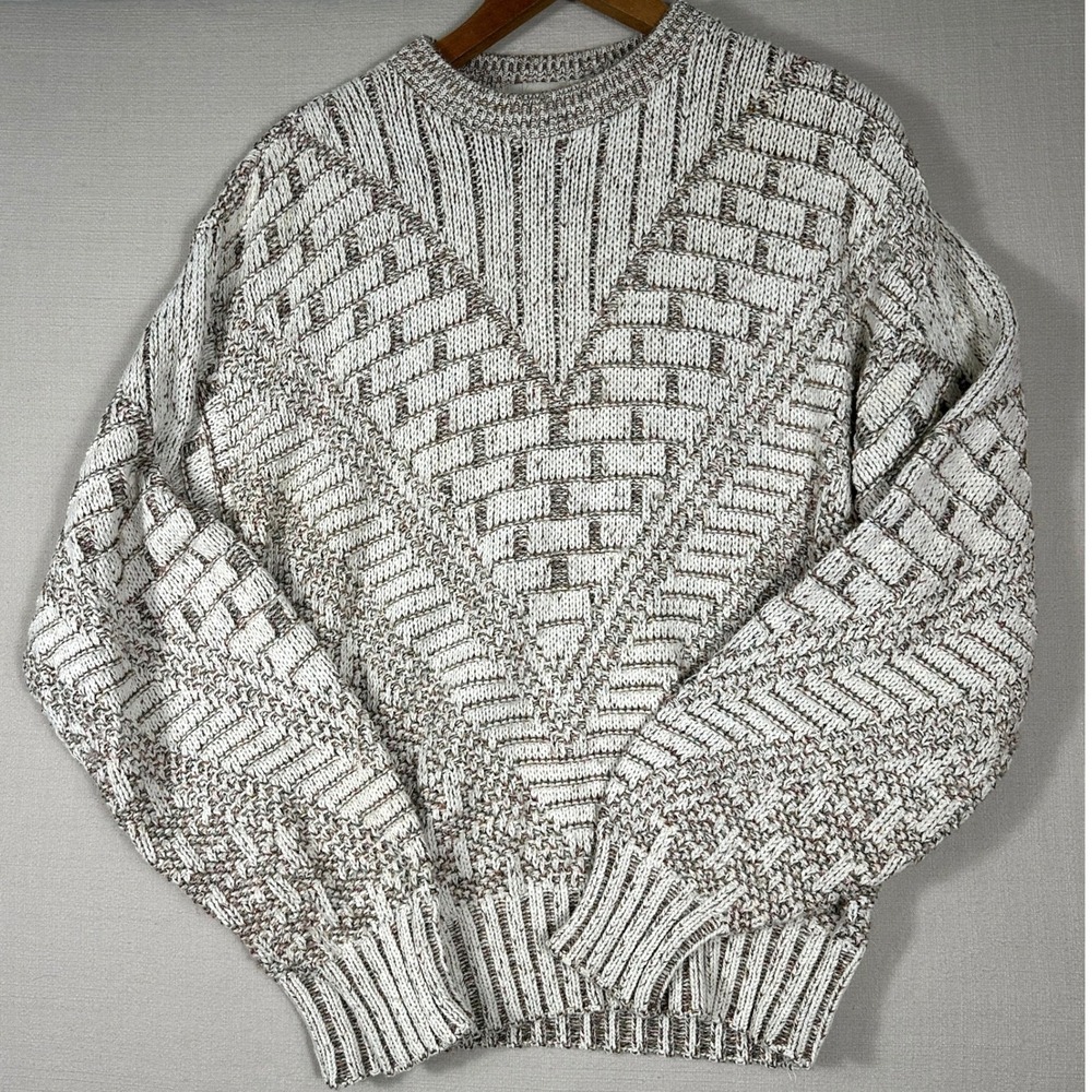 Boundary Waters Sweater Mens L Cream Brown Vintage Knit Cotton USA
